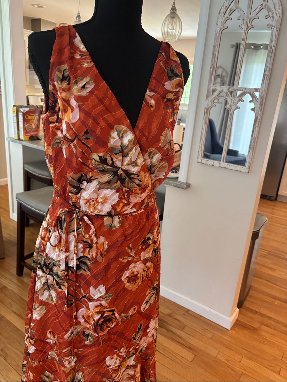 White House Black Market Rust Floral Wrap Midi Dress - Picture 6 of 7